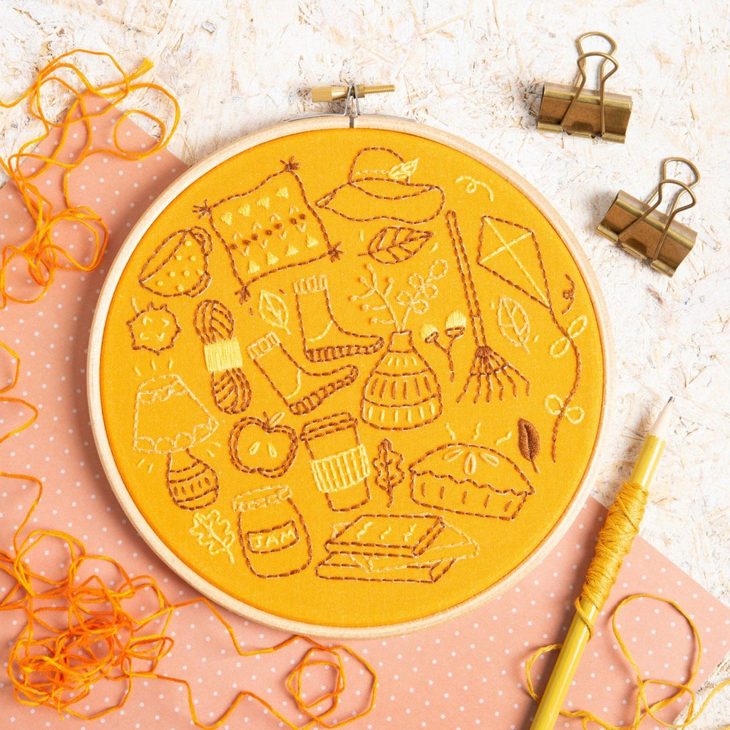Autumn Doodles Embroidery Kit on Orange Background.
