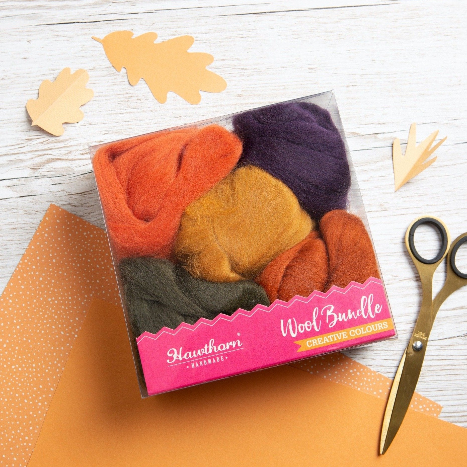 Autumn Wool Bundle box displayed on wooden background.