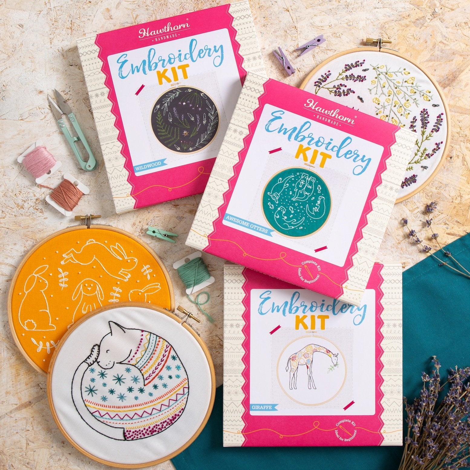 Three embroidery kits in their boxes and three finished embroidery designs in their hoops displayed on a wooden backdrop.