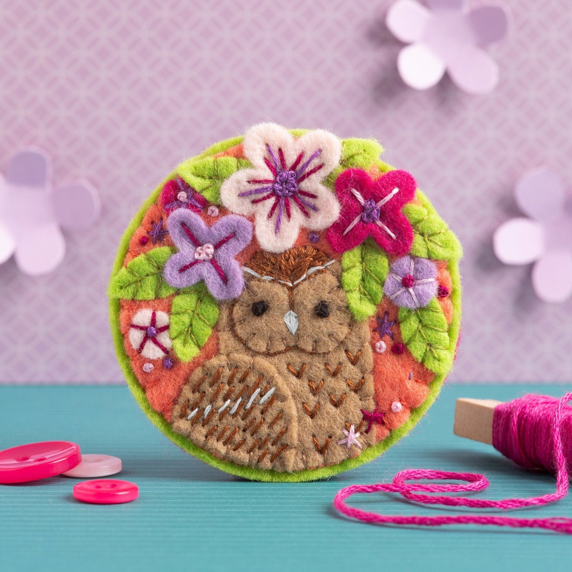 Tawny Owl brooch felt craft kit on lilac background.
