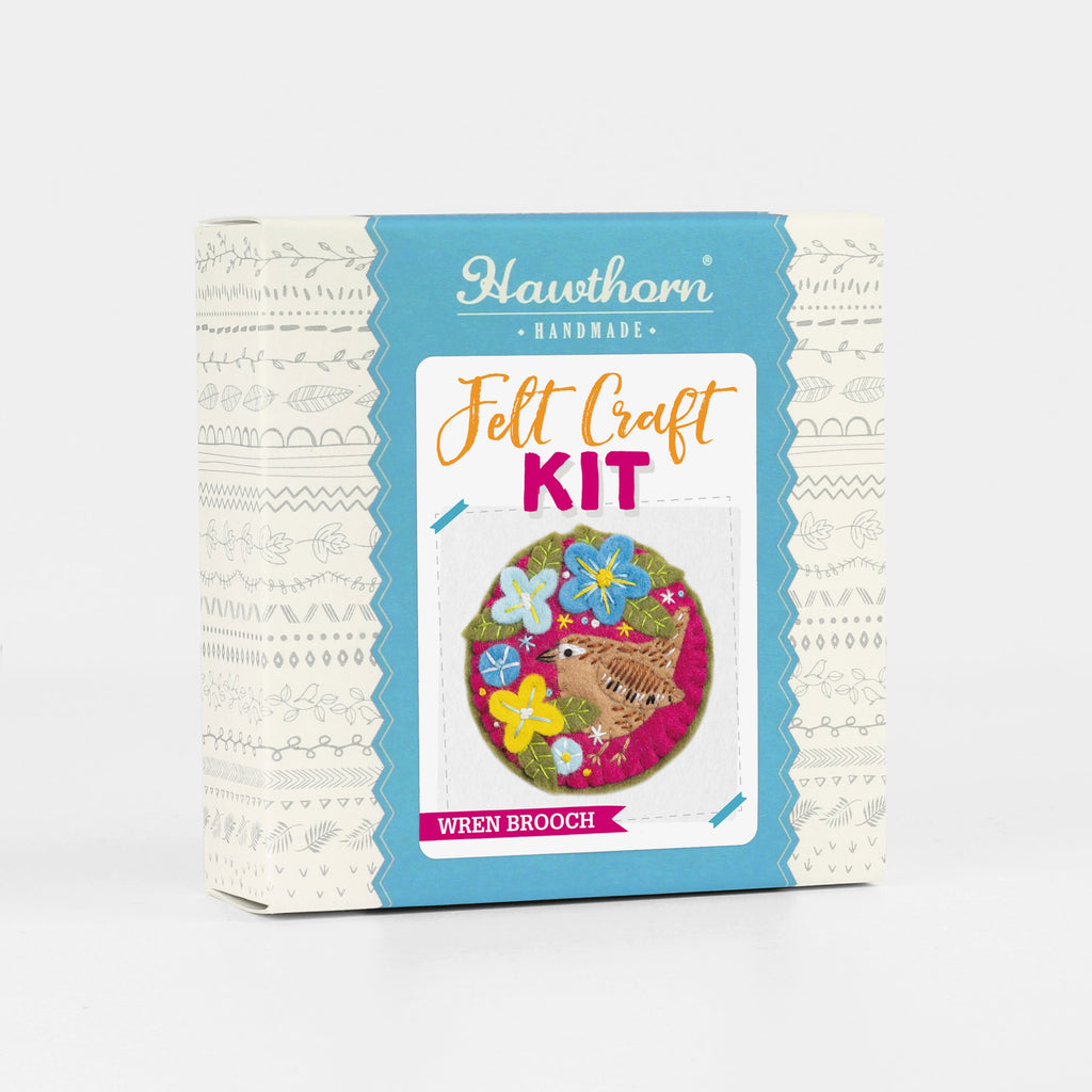 Wren felt craft brooch kit box on white background.