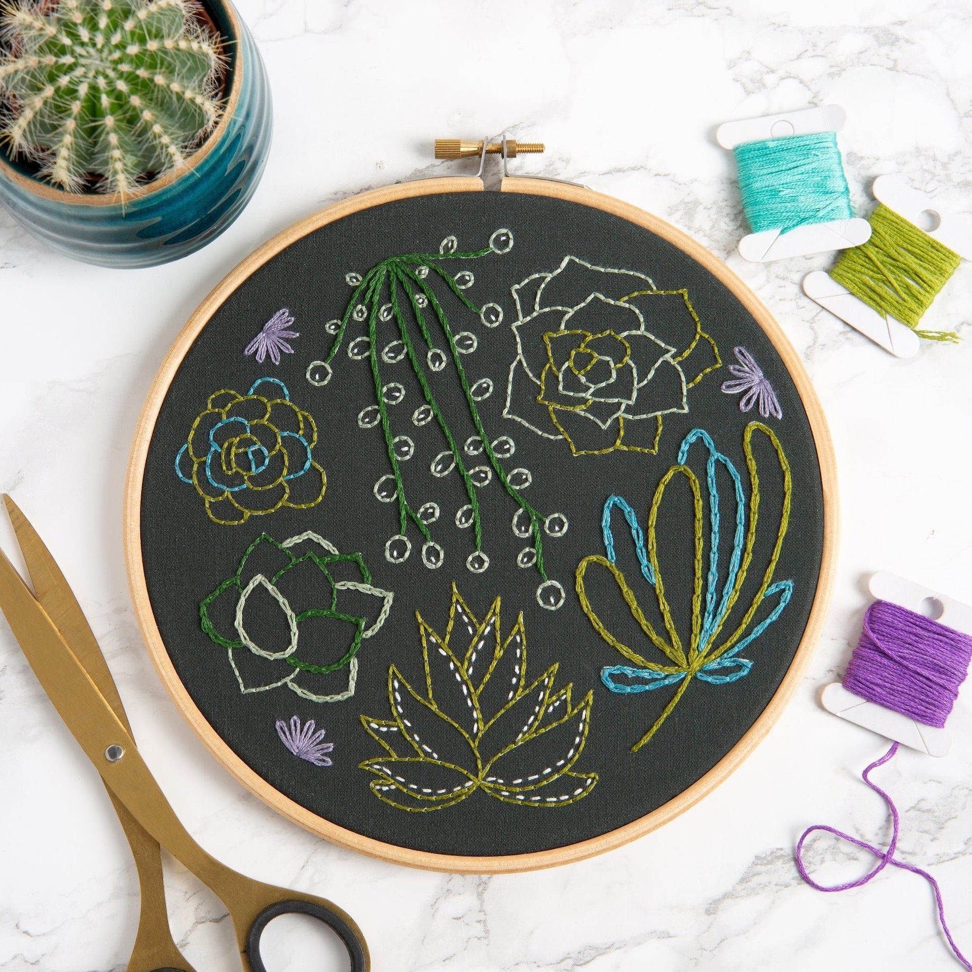 Black Succulents Embroidery Kit